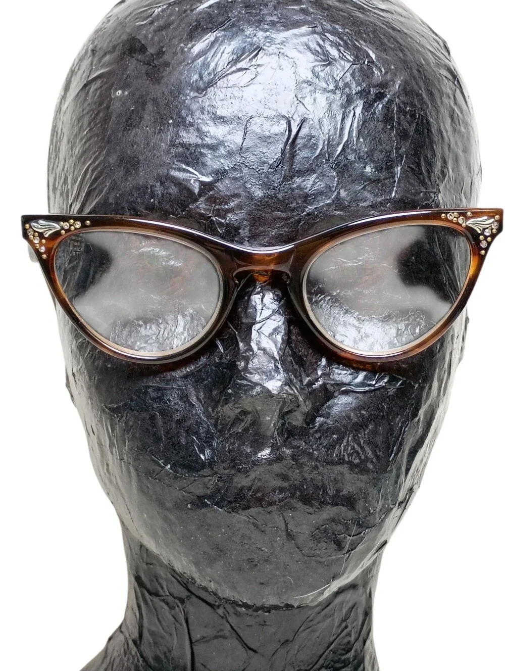 Vintage Eyeglasses Cat Eye Mid-Century Frames Brown Tortoise Shell Rhinestones